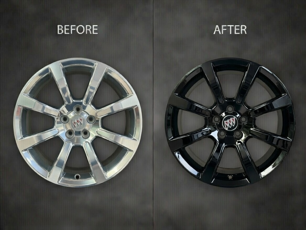 Before and after custom refinishing on Buick Regal wheels